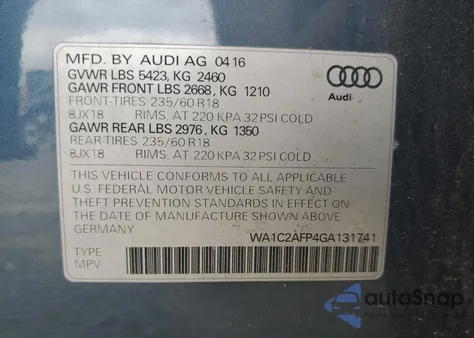 2016 Audi Q5 Premium z USA, uszkodzony, nr VIN WA1C2AFP4GA131741